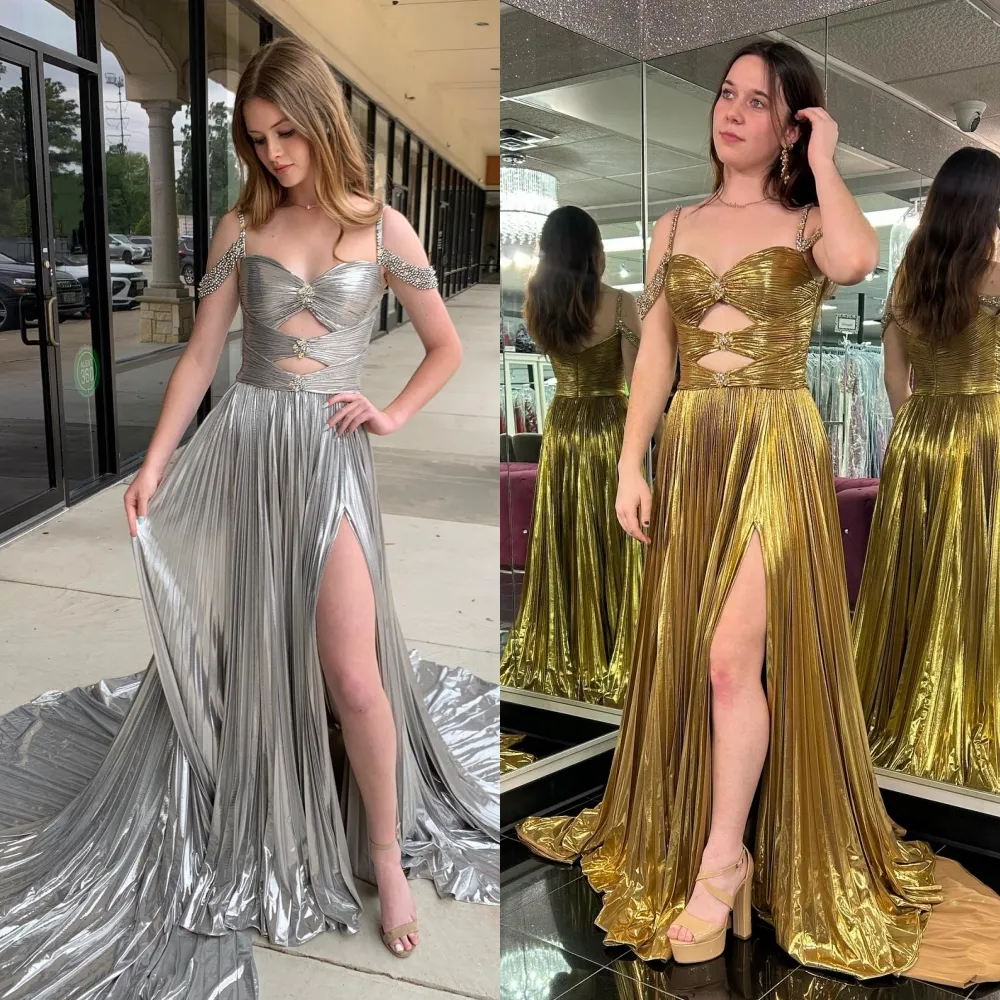 Gold Metallic -Shlder Pm ss with Beaded Pleats and Cut-t