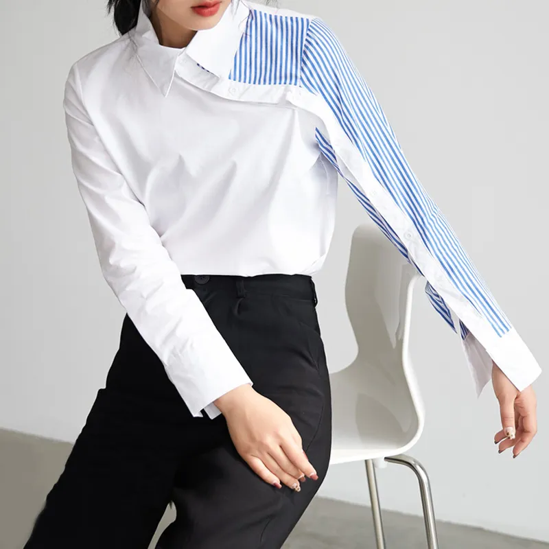 Fashion Striped Patchwork Turndown Collar Blouses Fashion Striped Patchwork Turndown Collar Blouses