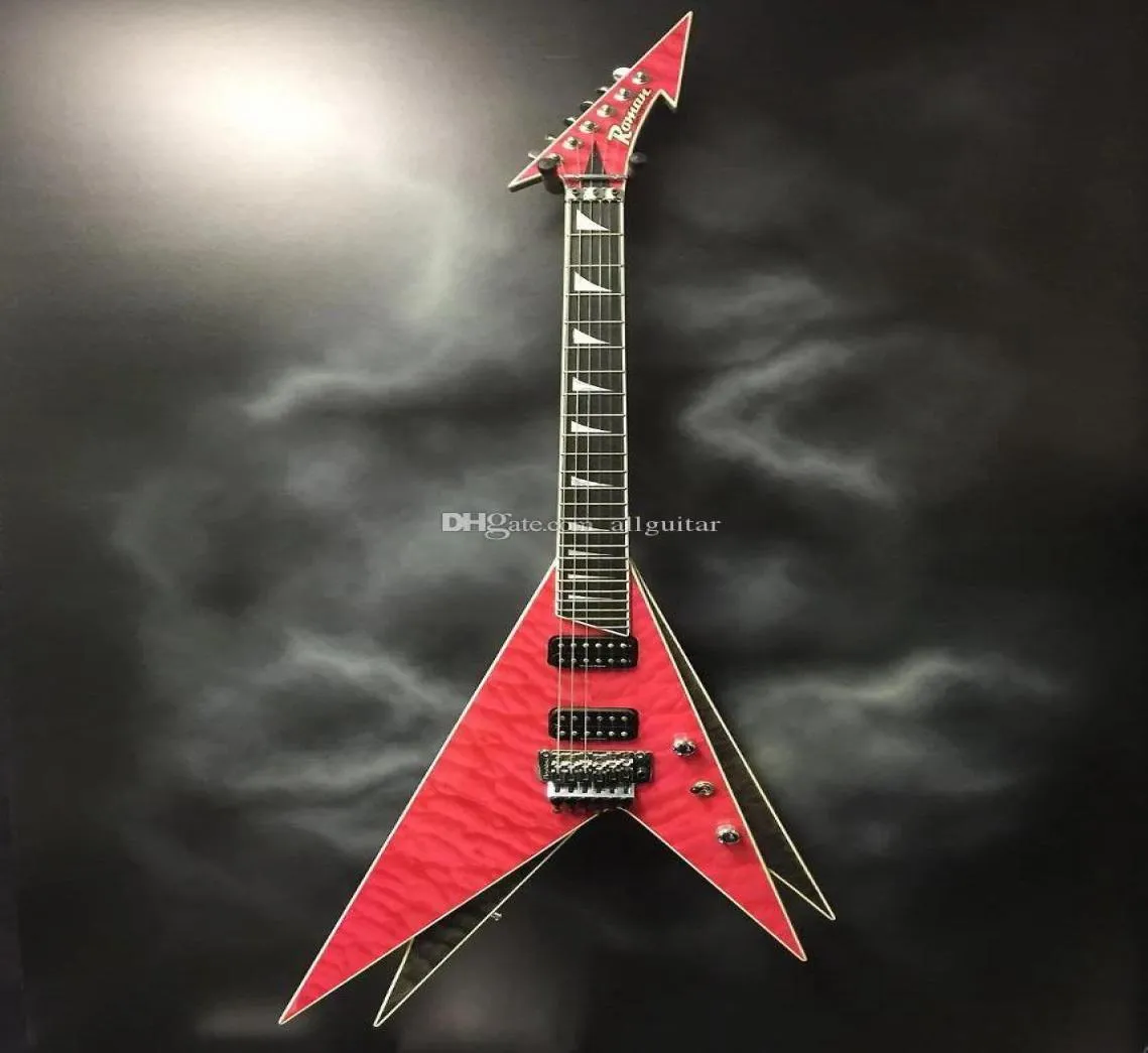 Cuatom Roman Abstract V Twin Guitar Vinnie Vincent Flying V Double V Pink Electric Guitar Floyd Rose Tremolo Bridge Ebony Fingerbo5645728