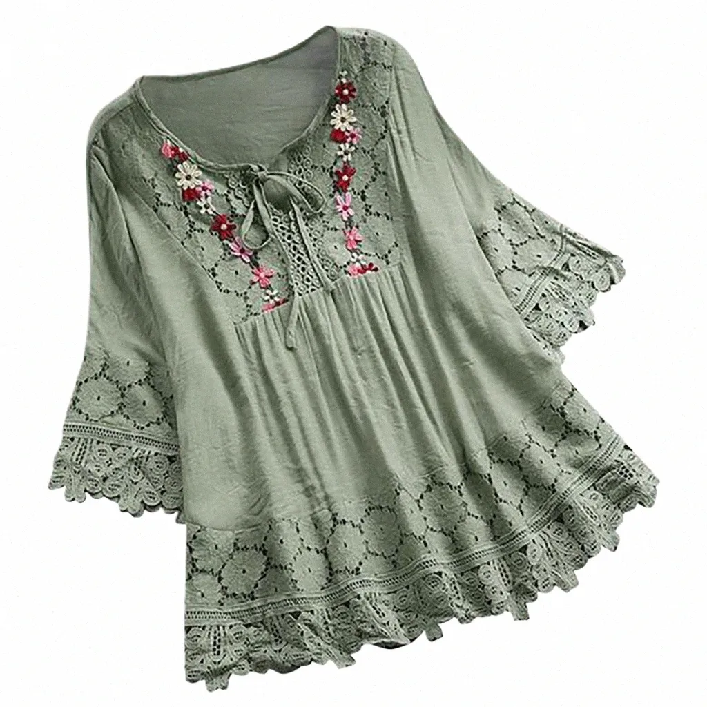 2022 Women's Lace Crochet Blouse Elegant Embroidery Tops Hollow Lace Up Shirts Cott Linen Plus Size Blouse Blusas Chemise 5XL 43W6#