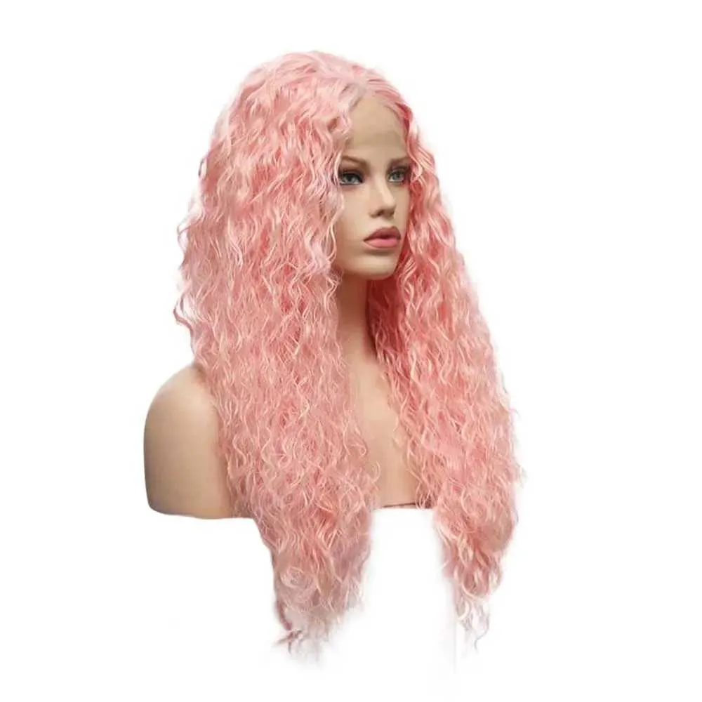 nxy vhair wigs rongduoyiピンク色のゆるい波状の合成長い波の中央部品ナチュラルレースフロントウィッグコスプレデイリーウーマンは髪を使用します240330