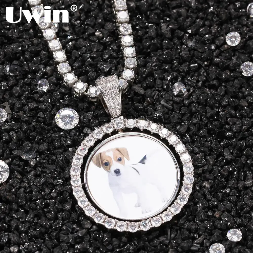 Necklaces UWIN Custom Made Photo Round Medallions Cubic Zircon Pendant&Necklace Rotating doublesided Picture Pendants for Drop shipping