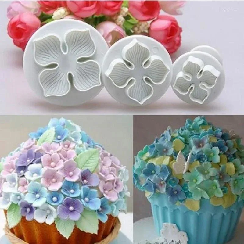 Baking Moulds 3Pcs/Set Silicone Hydrangea Fondant Cake Decorating Plunger Cutter Flower Blossom Mold Home Tools