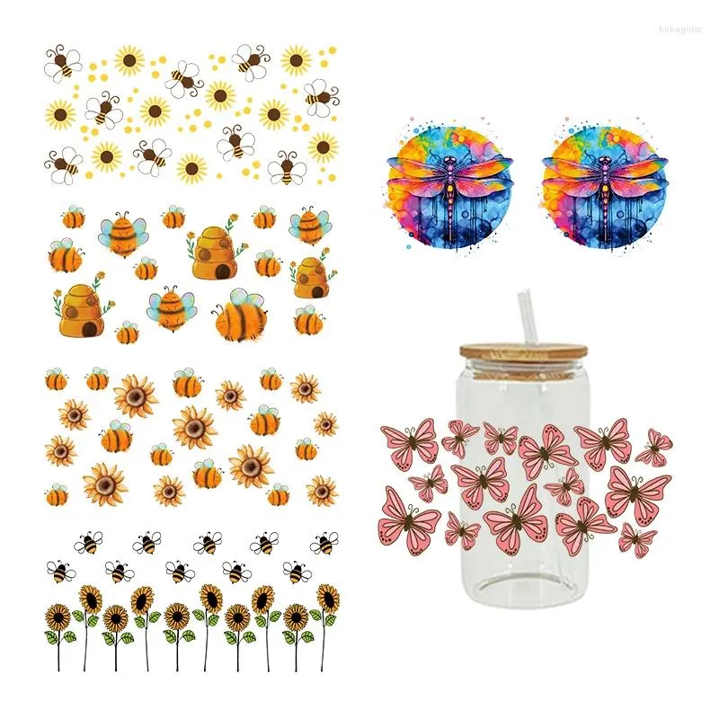 Raamstickers UV DTF Transfer Sticker Butterfly Bee voor de 16oz Libbey Bril Wraps Flessen Cup Kan DIY Waterdichte Aangepaste Decals D9306