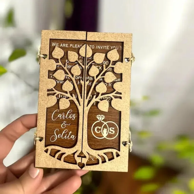 5PCS Niestandardowe drewniane zaproszenia ślubne Karta Spersonalizowana urodzinowa karta z życzeniami Rustykalna Dekoracja zaręczynów ślubnych