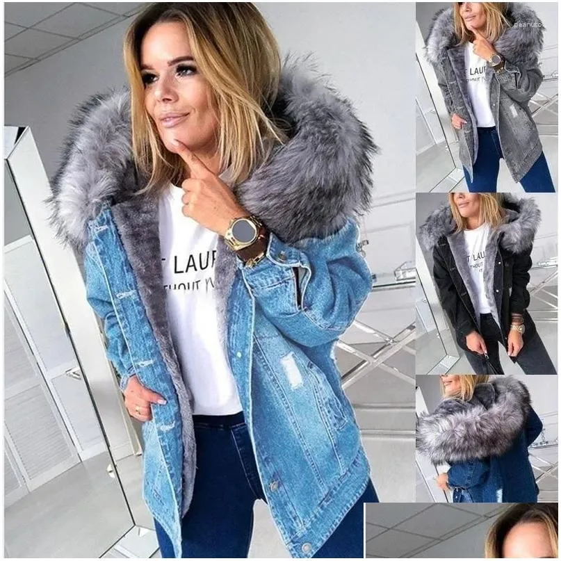 Womens Jackets European And American Retro Hooded Large Fur Collar Denim Jacket Stylish Casual Warm Mid-Length Ripped Died Drop Delive Dhzdx