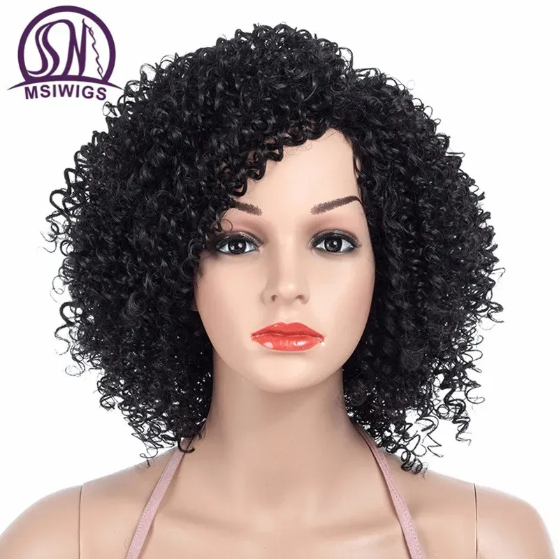 Wigs MSIWIGS 1b Black Afro Curly Wigs for Women Side Part Synthetic Short Hair Wig Heat Resistant America Hair