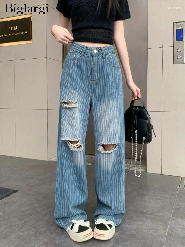 Kvinnors jeans randiga tryck våren lång byxa kvinnor retro mode hål hög midja casual damer byxor koreansk stil lös kvinna byxor