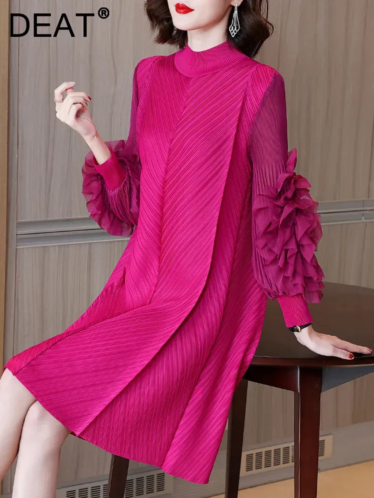 DEAT Woman Pleated Midi Dress Ruffles Mesh Long Sleeve Half Turtleneck Vintage Style Elegant 2024 Early Autumn Fashion 15AB262 240321