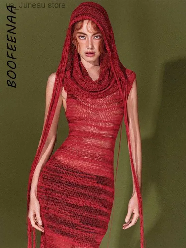 기본 캐주얼 드레스 BOOFNAA HOODED SLVELESS LONG DRESSES Red Black S knitted Dress Strtwear Y2K 의류 섹시 복장 여성 C71-DG31 T240330