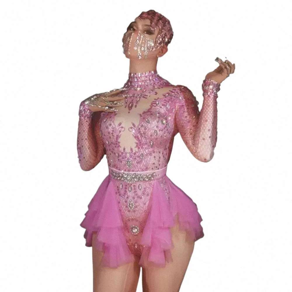 Rhineste Pink Bodysuit Women Party Girl Stage Dance Wear Elastic Tights Crystal Bodysuit Nightclub Dancer Leotard V38M#