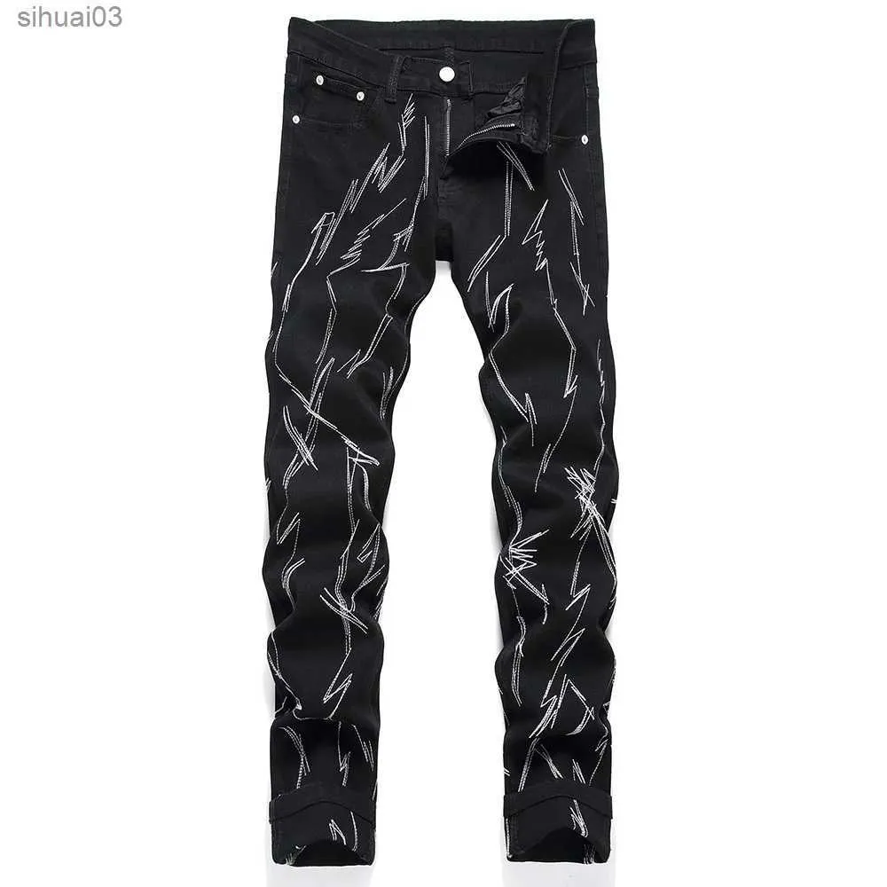 Herren Jeans Herren gestickt schwarze Denim Jeans Street Kleidung Punk Ultra-dünn verjüngte Hose Casual Stretch Pantsl2403