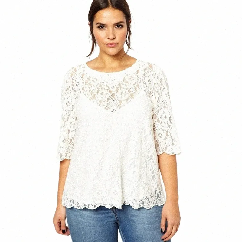 plus Size Elegant Fi Lace Blouse Women Solid White Quarters Sleeve Butt Back Spring Office Casual Top T-shirt 6XL 7XL 8XL 30WH#