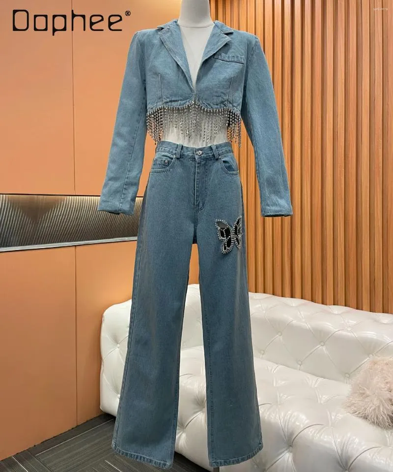 Calças femininas de duas peças strass borla denim terno azul jean jaqueta para mulheres 2024 primavera streetwear diamantes oco arco calças retas
