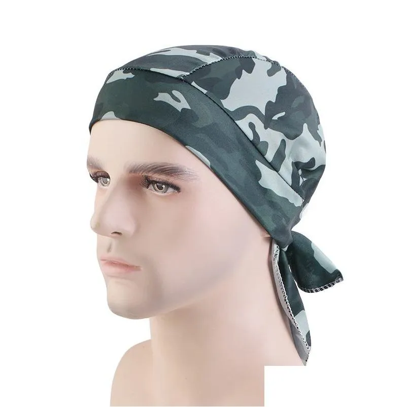 Beanie/Skull Caps New Camouflage Print Silky Durag For Men Bandana Turban Hat Wigs Mens Du-Rag Long Tail Pirate Drop Deliver Dhgarden Dh9Em