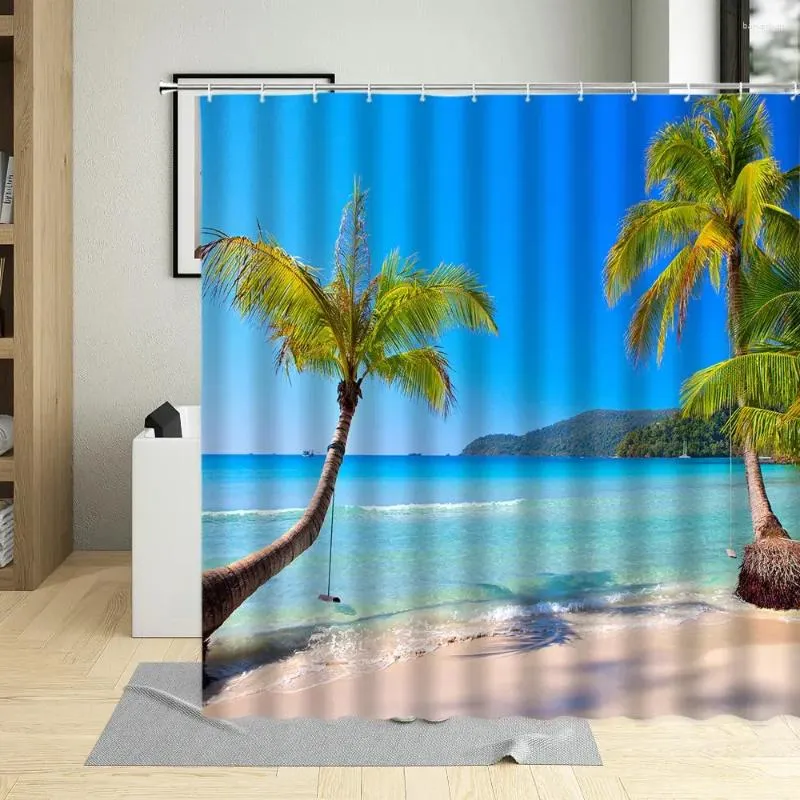 Shower Curtains Summer Day Seaside Vacation Landscape Curtain Sandy Beach Coconut Tree Blue Sky Chair Bathroom With Hook Waterproof