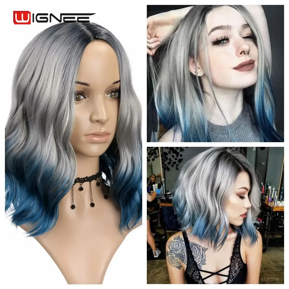 Perruques Wignee Ombre gris à bleu perruques synthétiques partie centrale pour les femmes sans colle ondulé Cosplay quotidien résistant à la chaleur cheveux courts naturels