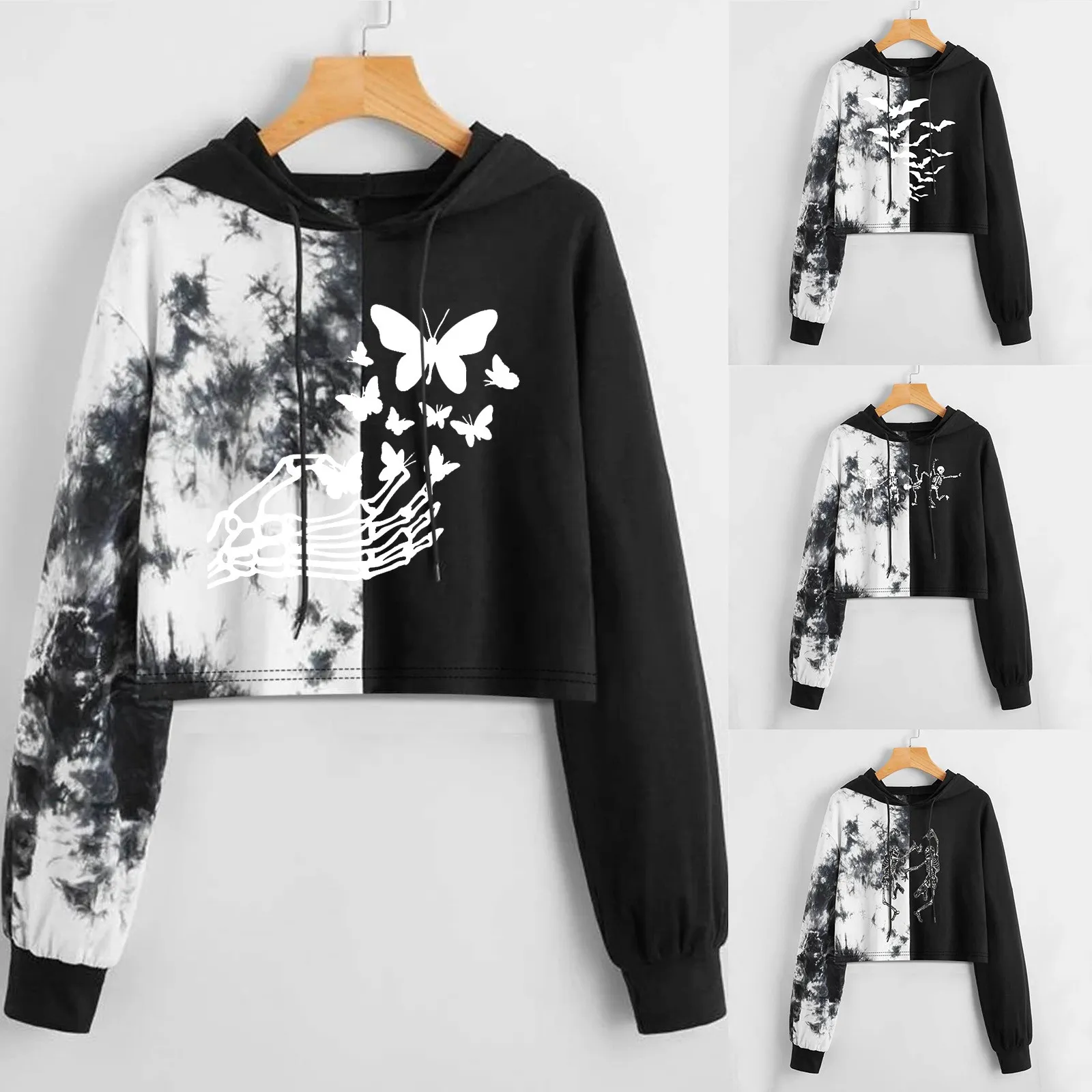Korean Streetwear Tie Dye white fox hoodie for Women - Black
