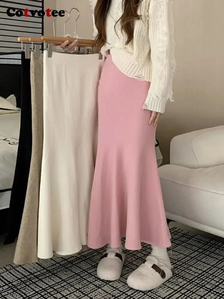 Cotvotee Knitting Skirts for Women Fashion High Waist Slim Trumpet Mermaid Skirts Casual Elegant Ankle Length Long Skirt 240315