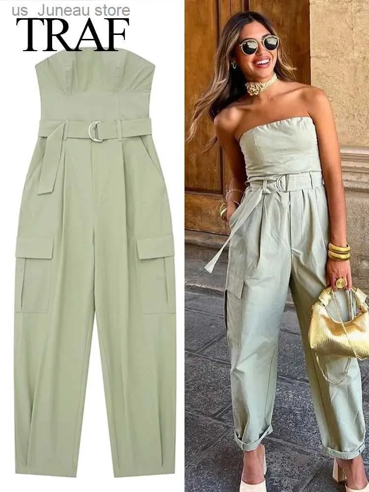 Combinaisons pour femmes Barboteuses TRAF 2023 nouvelles femmes mode Y2K combinaison solide Grn avec ceinture Slveless Grn Cargo pantalon ample Chic femme vêtements Strt T240330