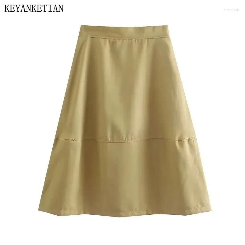 Skirts KEYANKETIAN Launch Women's Bright Effect Solid Skirt Stylish Simply Zipper High Waist A Line Mid-Calf MIDI Female