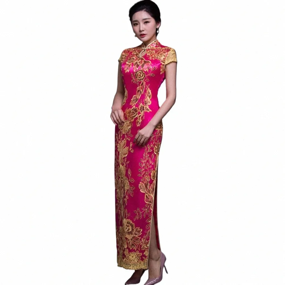 Китайская традиционная вышивка Chegsam Dr. Вышитая свадебная красная кружевная ткань с блестками LG Qipao Party Evening Sexy Dres H6BD #