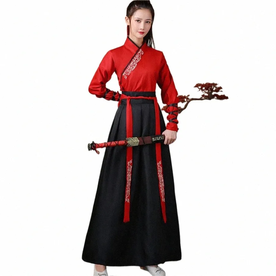Kinesiska Dr Ancient Hanfu Kimo Black White Red Hanfu Dres broderi Martsport Kinesisk stildans cosplay kostymer Z7W9#