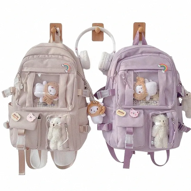 Gran capacidad Mujeres lindas Multi-Bolsillo Nyl Mochila Ins Junior High School Student School Bag Mujer Chica Mochila Laptop Libro n79j #