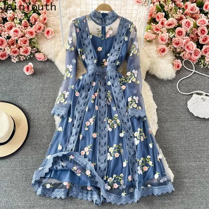 Casual Dresses 2024 Vestidos De Mujer Elegant Maxi For Women Stand Neck Butterfly Embroidery Floral Robe Femme Big Swing Summer Dress