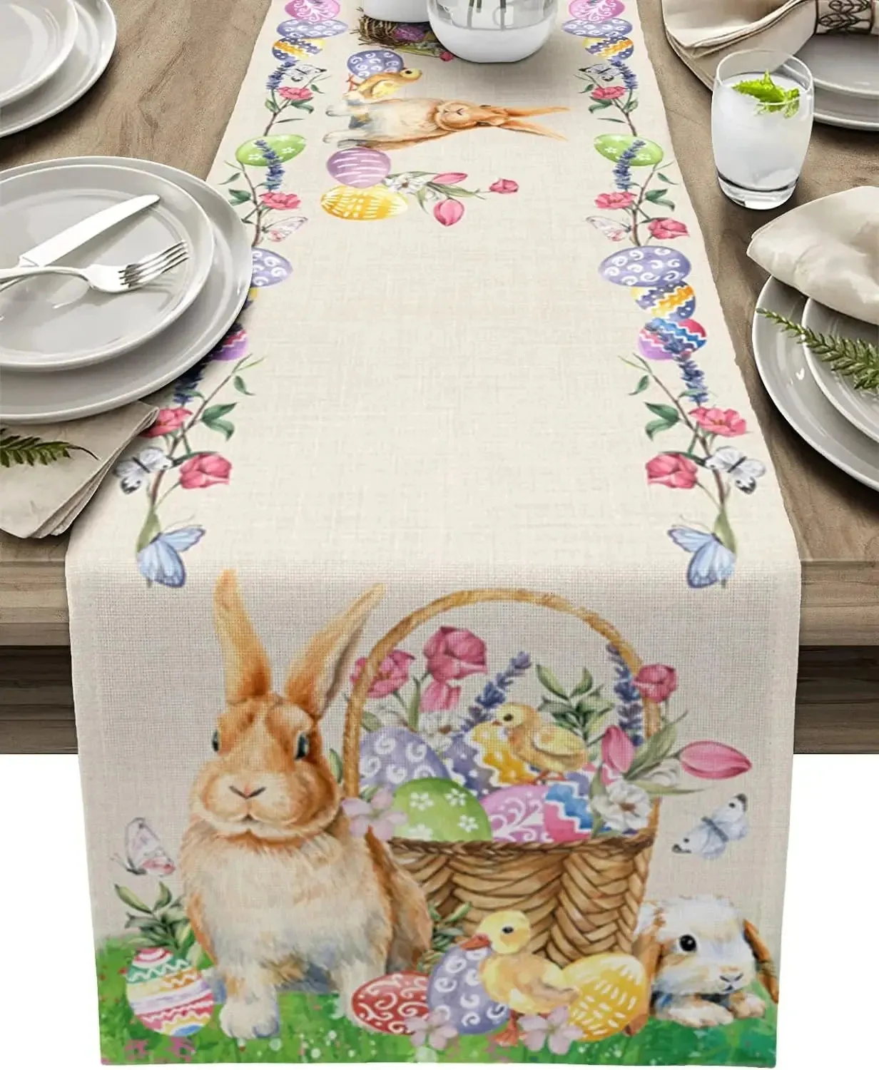 Easter Bunny Colorful Egg Linen Tabler Runners Holiday Party Decor Washable Kitchen Dining Wedding Decorations 240325