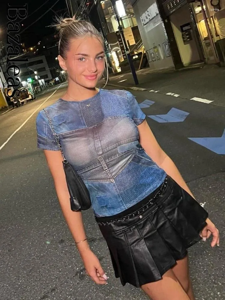 Koszule damskie 2024 Bazaleas Y2K Dżins Blue Print High Strech Mesh Shirt Women O Neck Short Rękaw Slim Summer Crop Top Tees