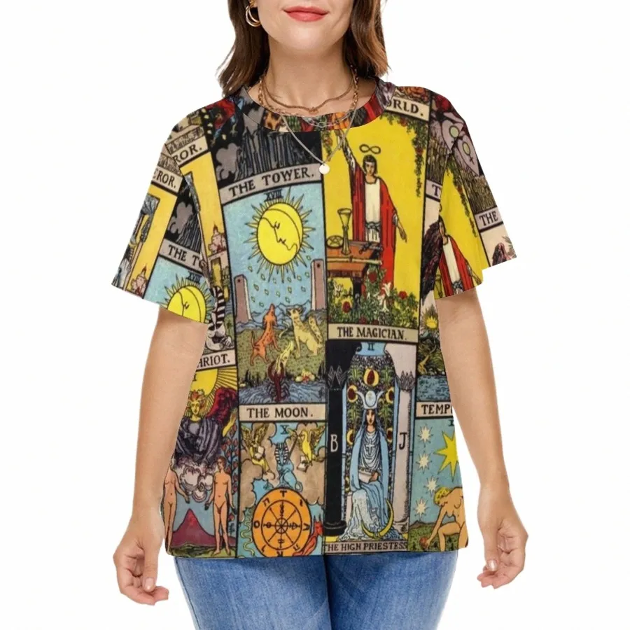 Vintage Mo T-shirts Tarot Art Collage T-shirt de base à manches courtes femme T-shirt rétro T-shirts graphiques d'été Plus la taille 5XL 6XL K28C #