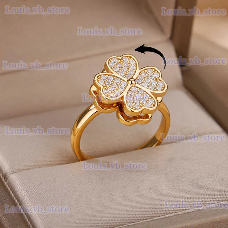 Band Rings Spinner Zircon Heart Four Leaf Clover Rings for Women Rostfritt stål Anti Stress Angst Fidget Ring Jewelry Christmas Gift T240330