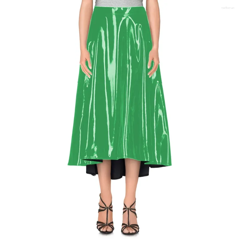 Womens Elegant Vinyl PVC Leather Long Flared Midi Skirt