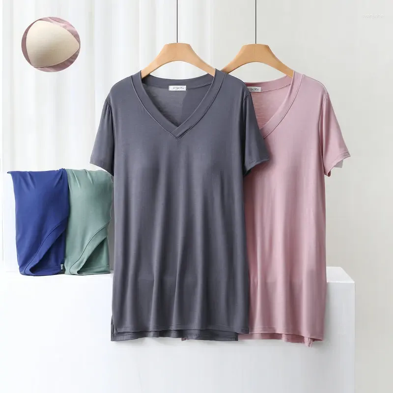 Casual Dresses Modal V-Neck Tshirt Dress Mid-Längd Summer Bra Padded Sleepdress korta ärmar Homewear Over The Kne Streetwear