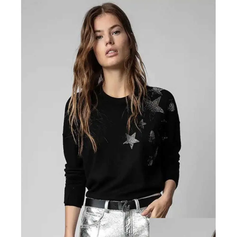Suéteres femininos Zadig Voltaire 23ss Mulheres Designer Sweater Moda Novo Amor Perfuração Lã Preta Malha 100% Cashmere Plover Jumper Otfib