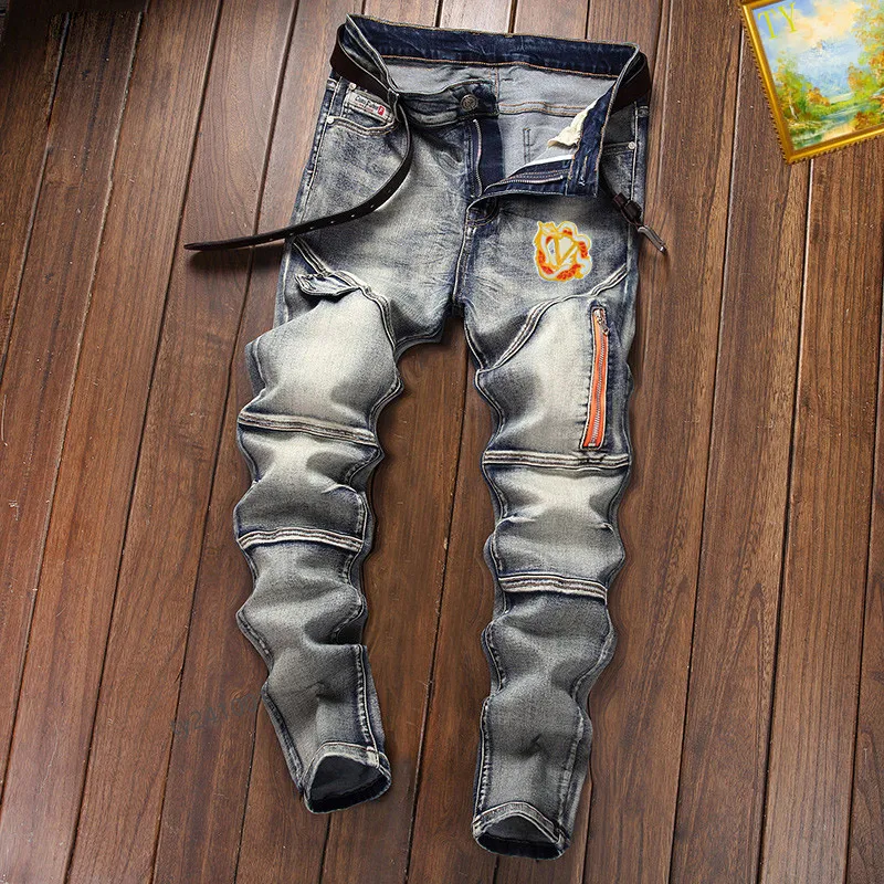 paarse jeans heren luxe jeans designer jeans broek gestapelde broek biker borduurwerk gescheurd voor trend maat jeans mannen tranen europese jean hombre herenbroek #14