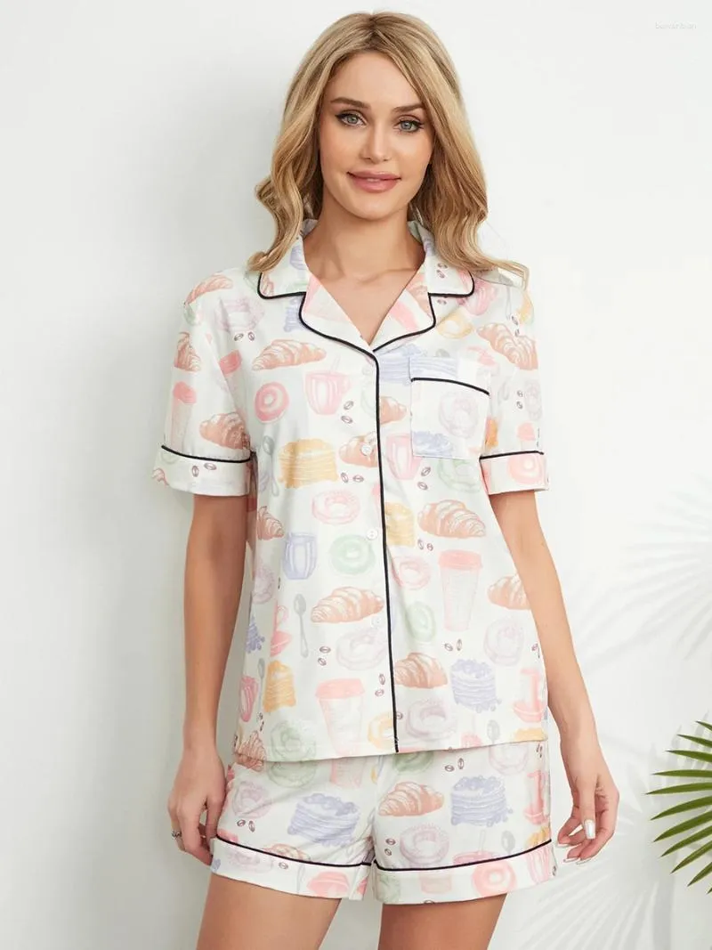 Heimkleidung Frauen Sommer Kawaii 2 Stück Pyjamas Sets Kurzarm Brot -Druckknopf Hemd Tops Shorts Loungewear