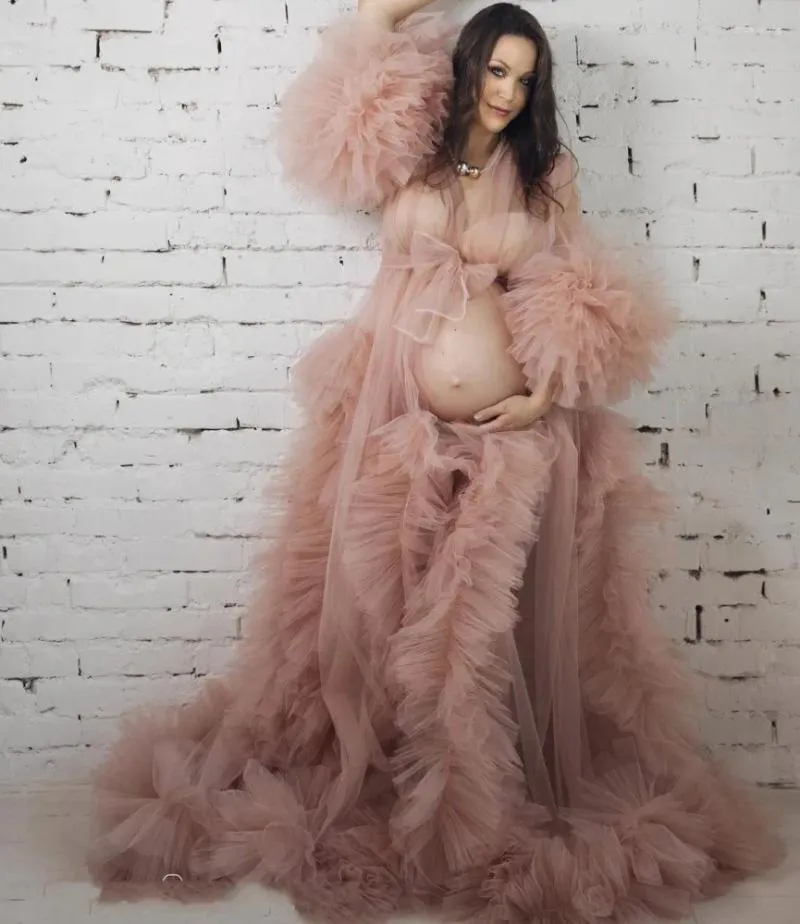 Vestidos de fiesta Mujeres embarazadas Prom Sexy V Cuello Manga larga Túnicas para Po Shoot o Baby Shower Por encargo Maternidad Tul Fluffy Robe