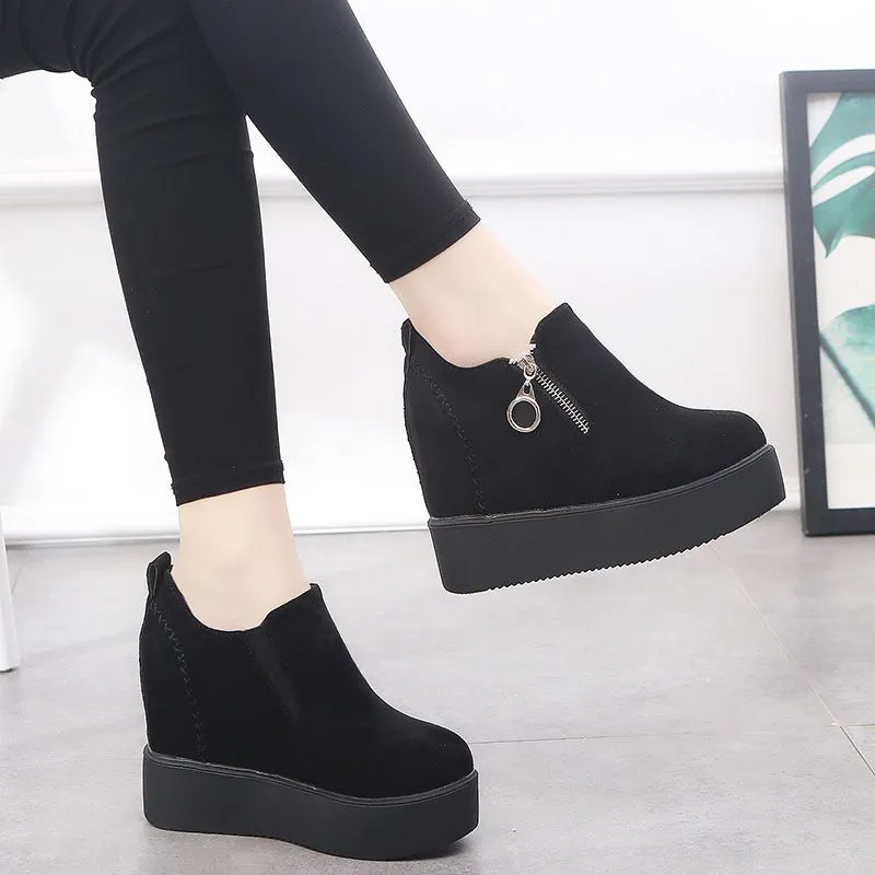 Elegant Black Wedge Shoes: Round Toe Side Zipper Platform Heels