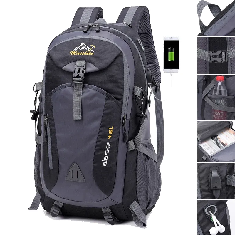 Tassen Waterdichte wandelsportrugzak voor heren en dames, klimtas voor buiten, unisex kampeertas, trekkingreispakket, USB, 40L