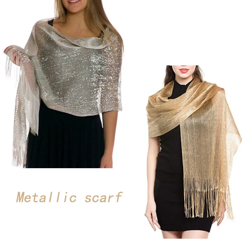 2 Châles Scintillants Or Et Argent Pour Femme – 170x45 Cm – Soie Polyester, Glands, Boucle – Pour Soirée, Mariage, Cocktail, Cérémonie - 9