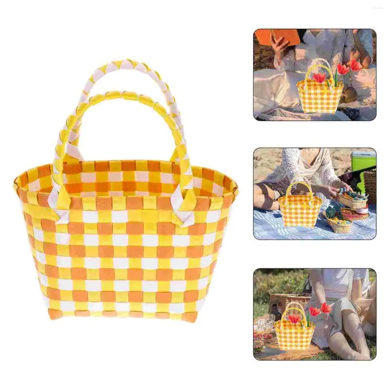 Sacs de rangement tissés, paniers à main, Mini conteneurs en plastique portables pour la maison, sacs à main en paille pour vêtements avec poignée de fête