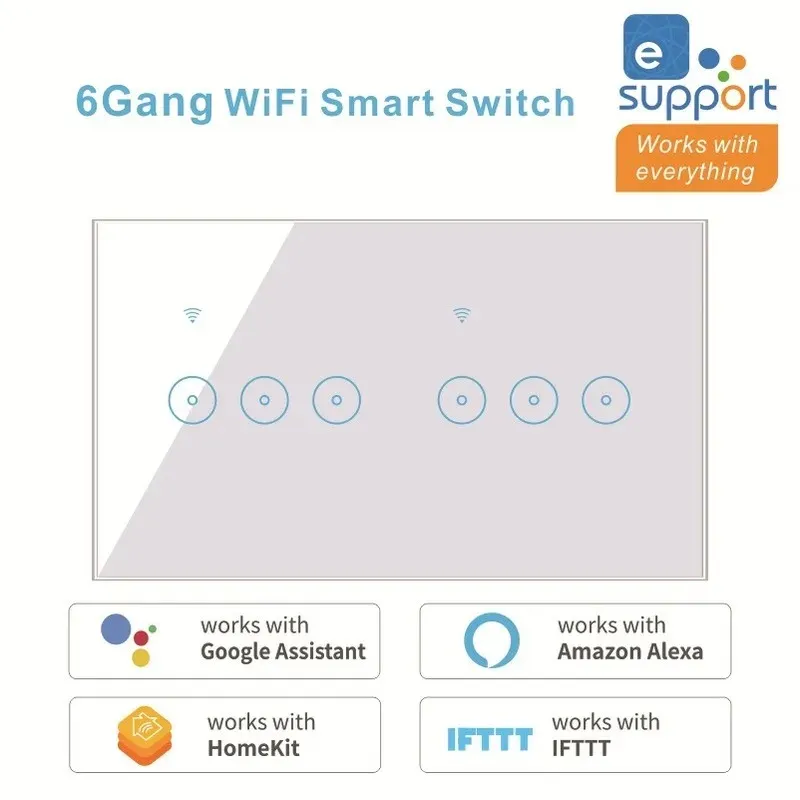 2024 Schermo di vetro Touch Screen Controllo vocale WiFi Interruttore a parete remoto intelligente da utilizzare con l'app Tuya Ewelink 4-5-6Gang