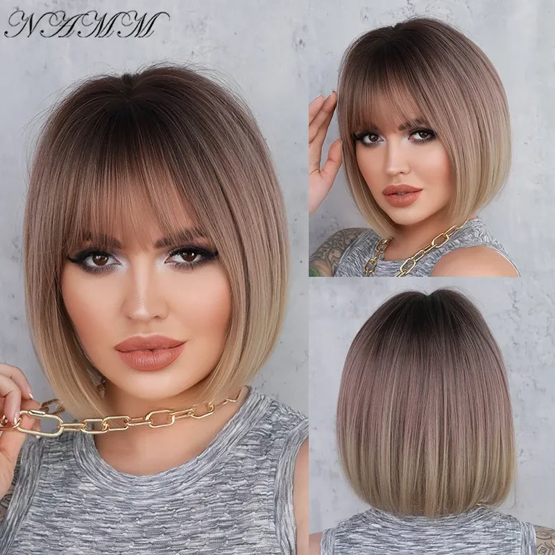 Peruki Namm Women syntetyczne peruki Brązowy różowy gradient blondyn