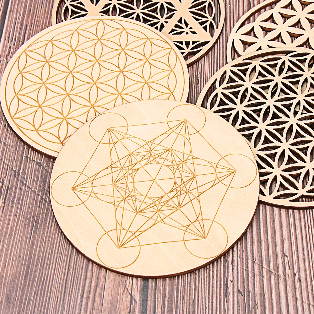 Chakra Flower of Life Natural Symbol 7 Soorten houten ronde randcirkels gesneden onderzetter voor steenkristallen set diy decorgenezing