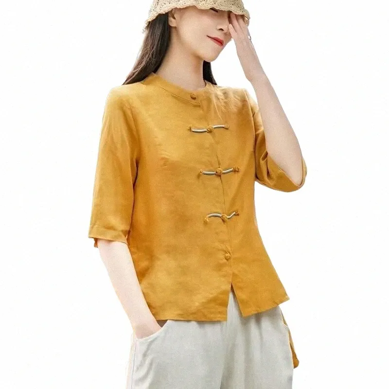 T-shirt a maniche corte ricamata in stile cinese T-shirt da donna con colletto alla coreana Cott Abbigliamento da tè Camicie casual vintage da donna T-shirt Hanfu J8ou #