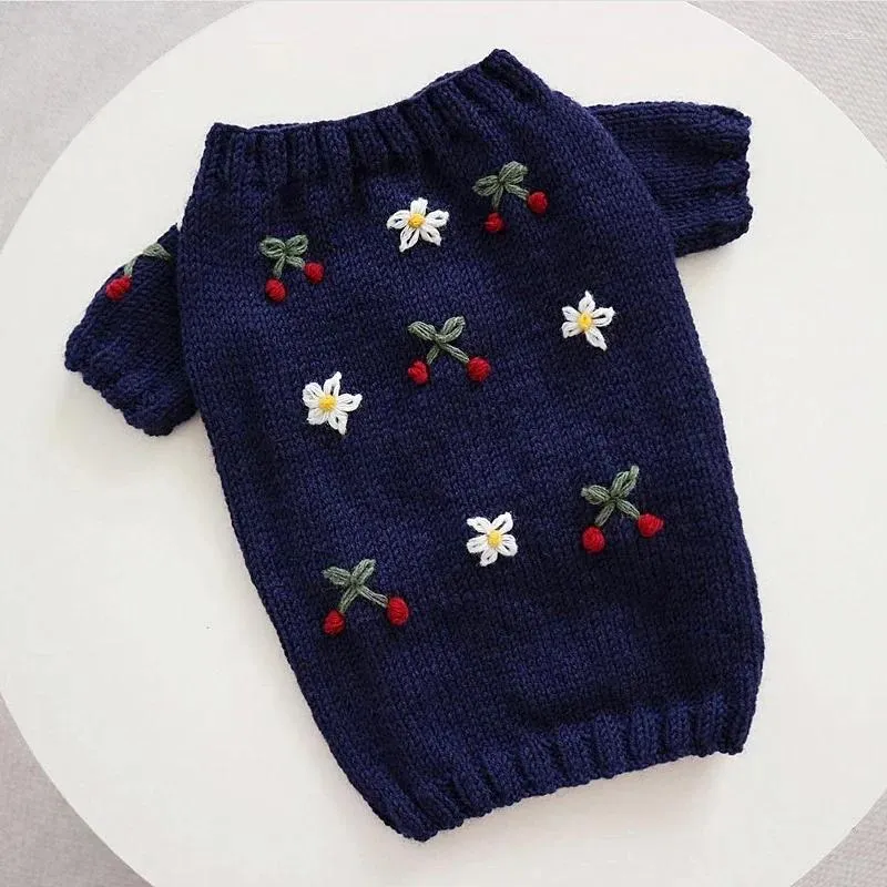 Hundkläder husdjurskläder varm vinter medium liten hand stickad valp tröja söt blommor ull kattunge fashion pullover chihuahua