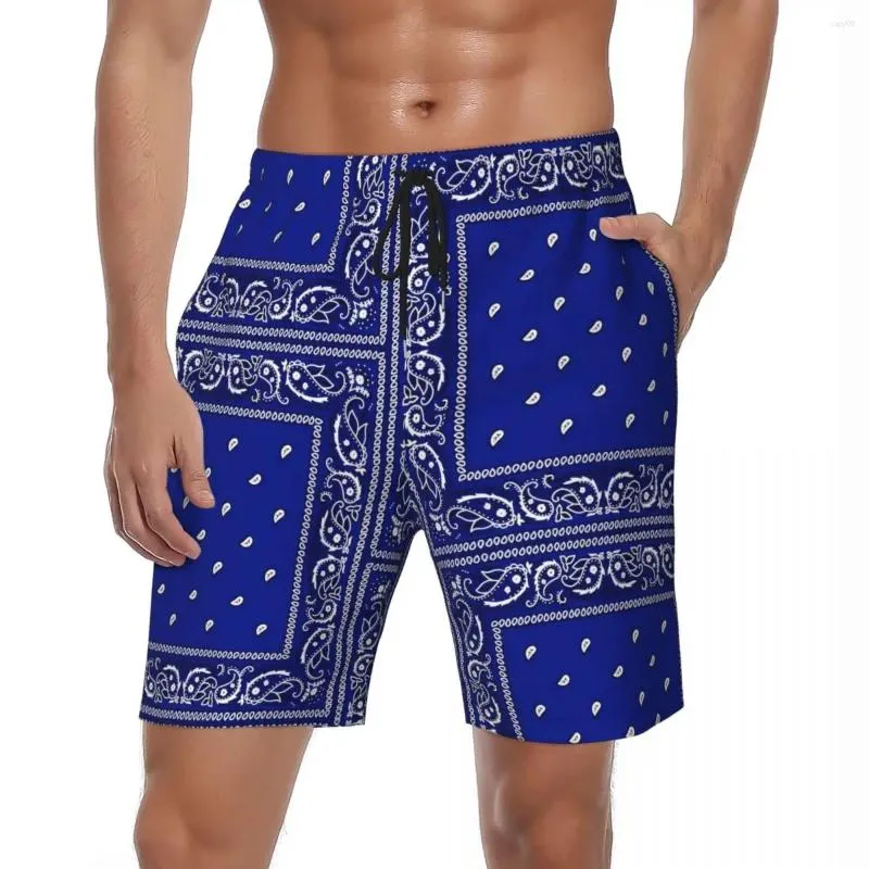 Men's Shorts Swimwear Blue Paisley Bandana Board Summer Retro Fashion Beach Sports Fitness Fast Dry Swim Trunks