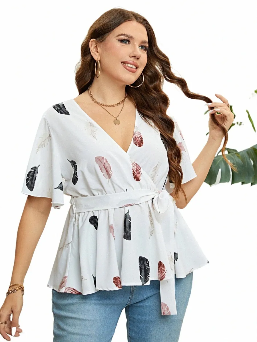 plus Size Wrap V Neck Short Sleeves Top Shirts Belt Tie Ruffle Peplum Blouse Leaf Print Women Tee Casual Vacati Clothing A1D3#